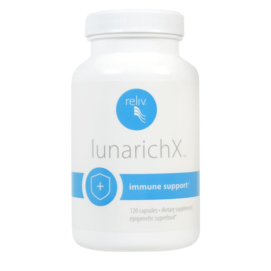 RELIV LunaRich X capsules bottle shown for daily wellness routine