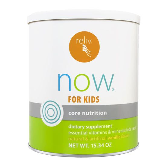 RELIV Now for Kids Vanilla bottle closeup, showcasing a kid-friendly shake with essential vitamins and minerals.