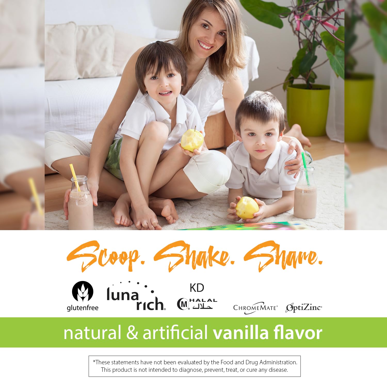RELIV Now for Kids Vanilla glass beside a shake highlighting protein and DHA for active kids.