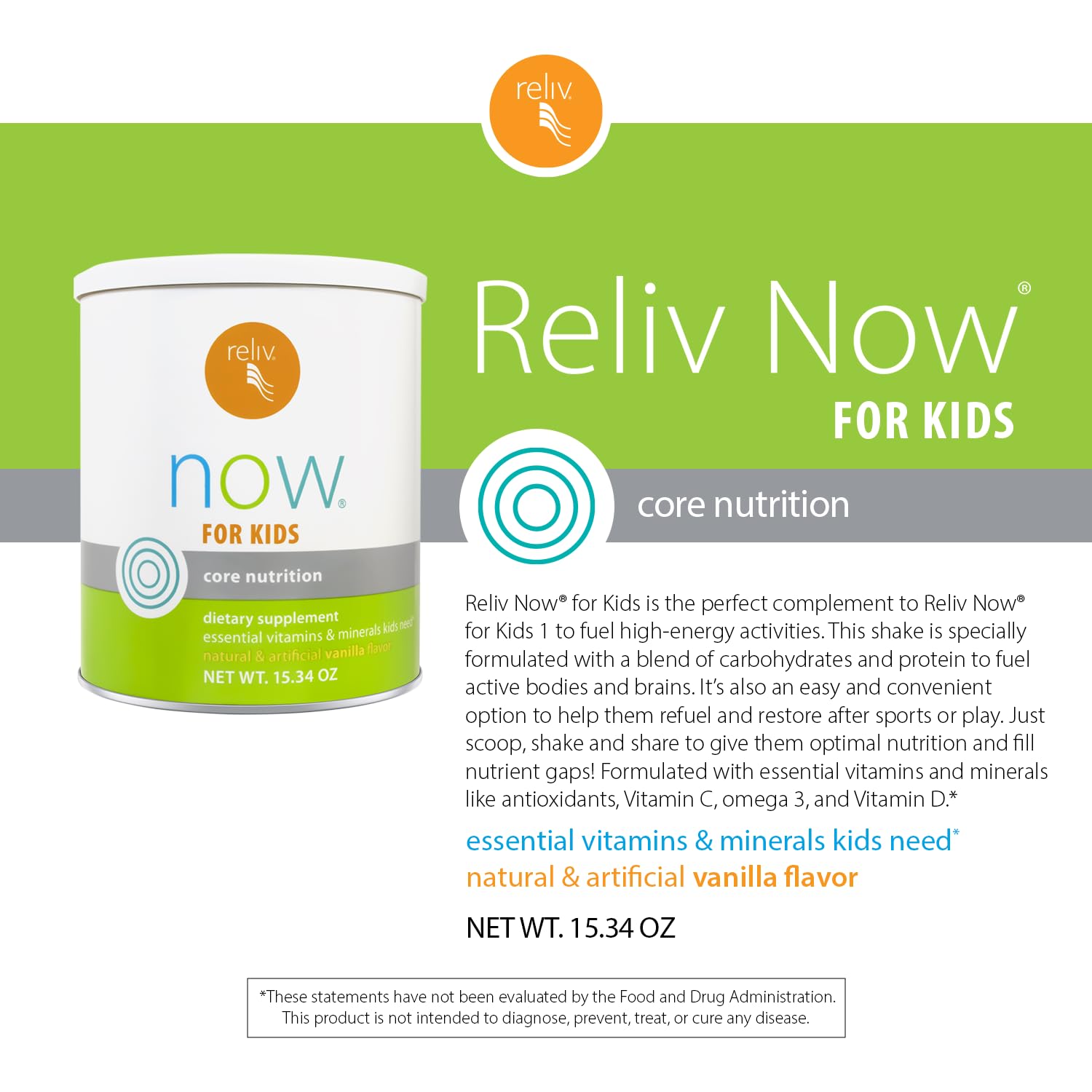 RELIV Now for Kids Vanilla scoop ready for quick, easy daily nutrition.
