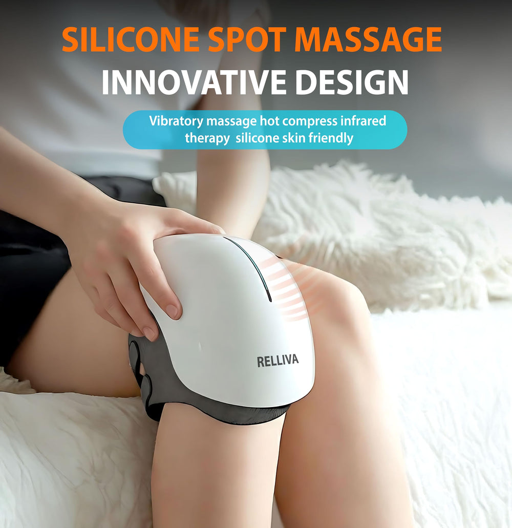 RELLIVA Knee Massager Pro+ in-use on the knee during light activity.