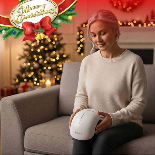 RELLIVA Knee Massager Pro+ side view showing adjustable straps for a comfortable fit.