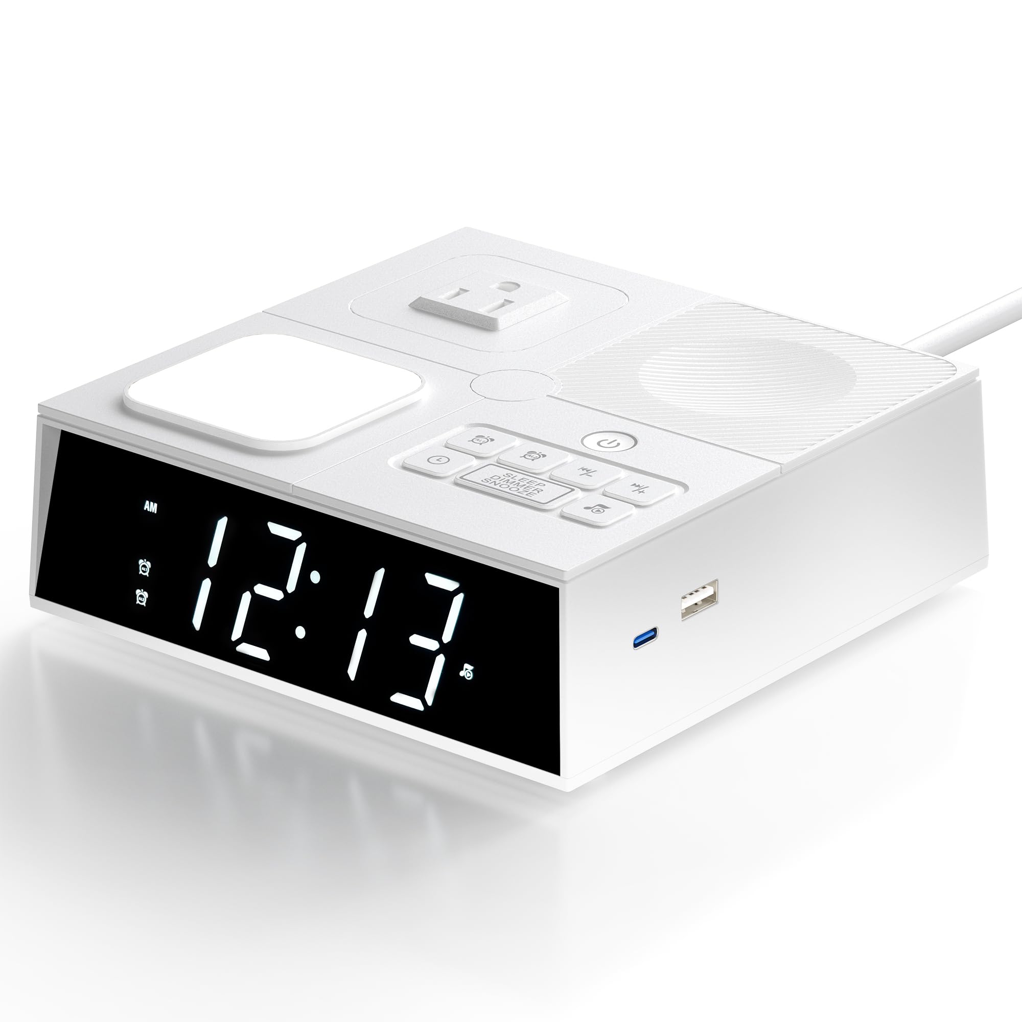 Relting sleep sound machine in front view with clean white finish and compact footprint.