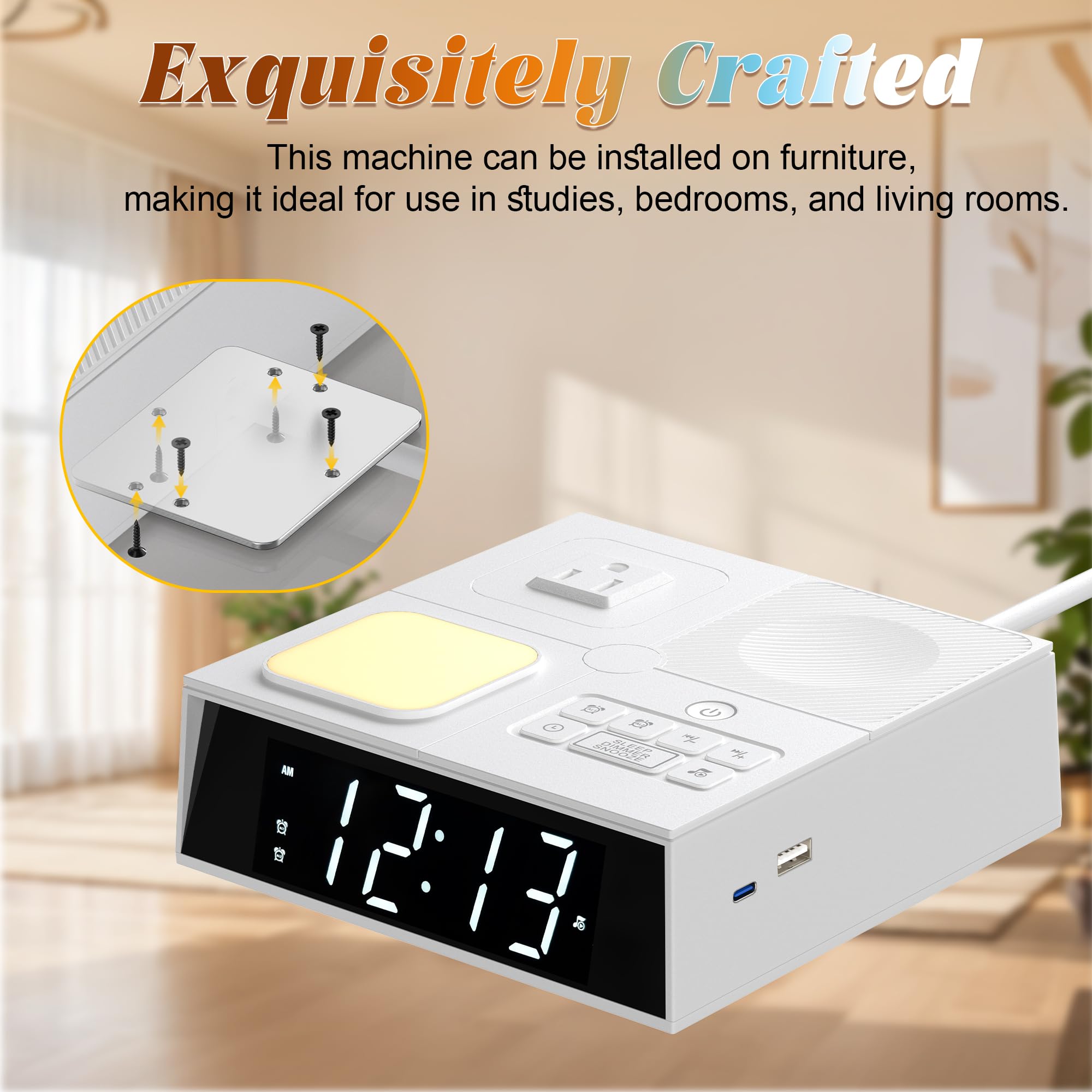 Relting device includes 1.45m power cord and USB-C/USB-A ports.