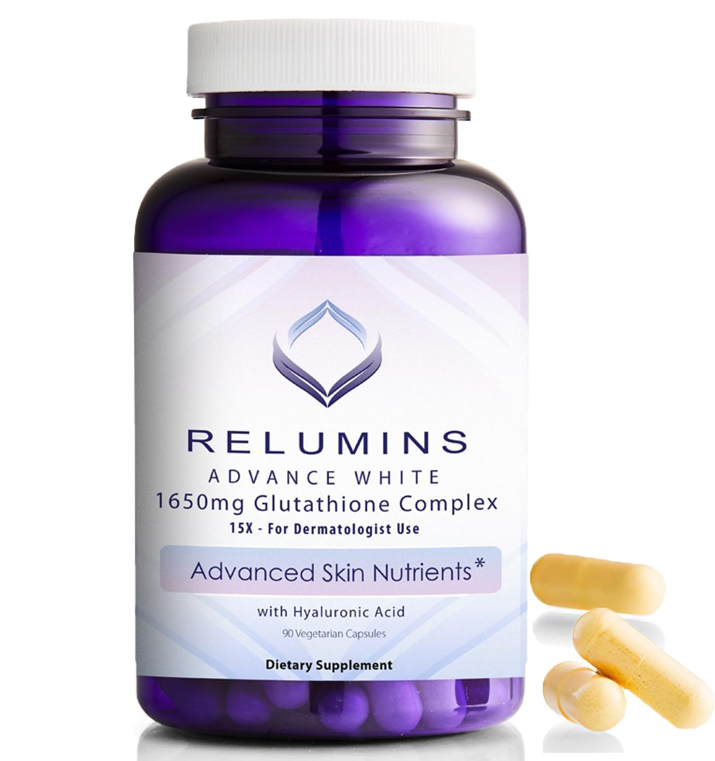 Relumins 1650mg glutathione bottle showing premium antioxidant support for daily wellness