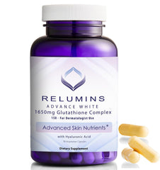 Relumins 1650mg glutathione bottle showing premium antioxidant support for daily wellness