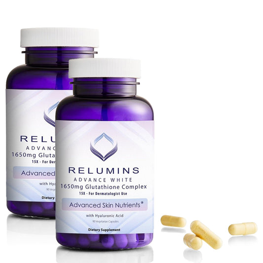 Relumins 1650mg Glutathione Complex bottle highlighting antioxidant support