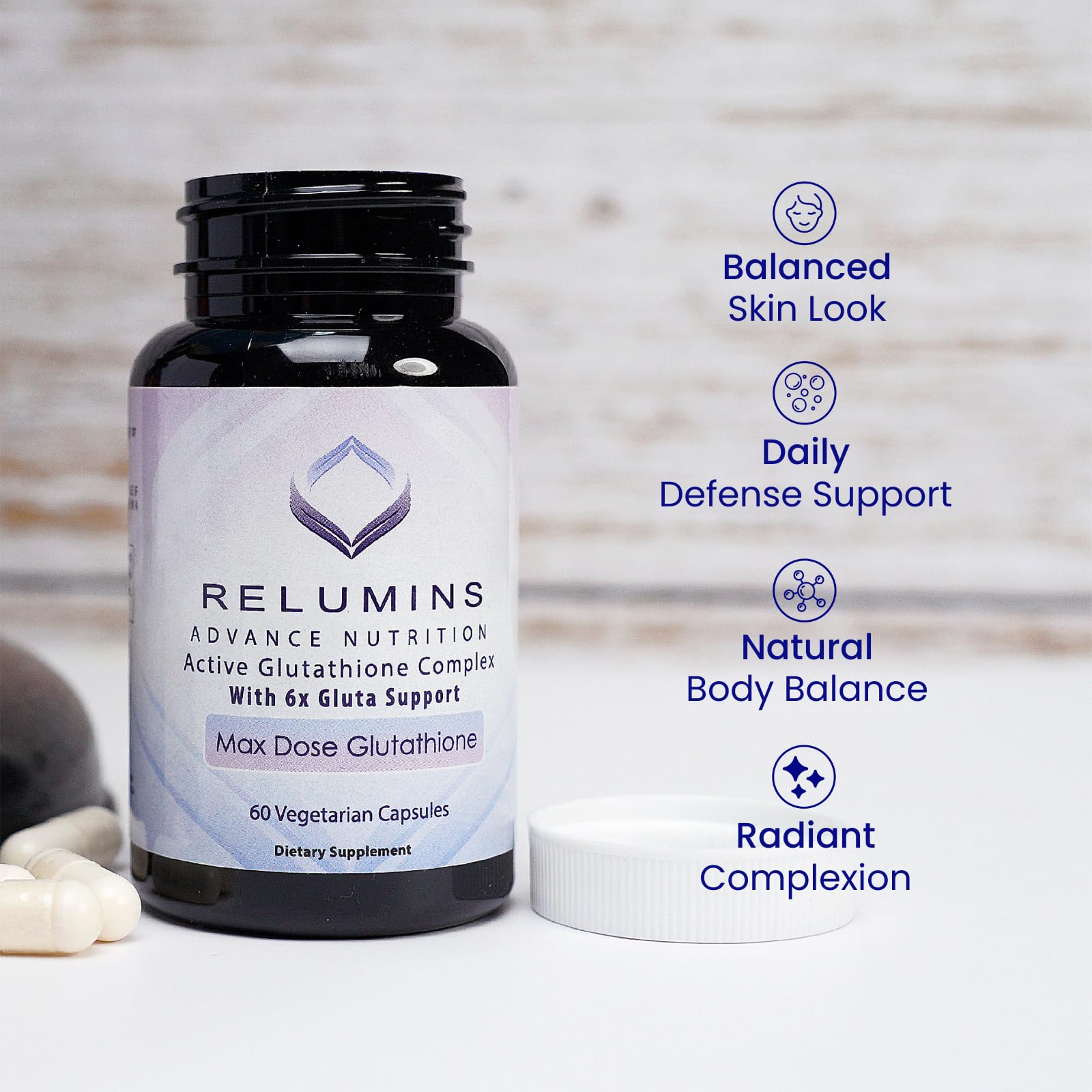 Relumins Advance White Glutathione Complex label with key dose and boosters