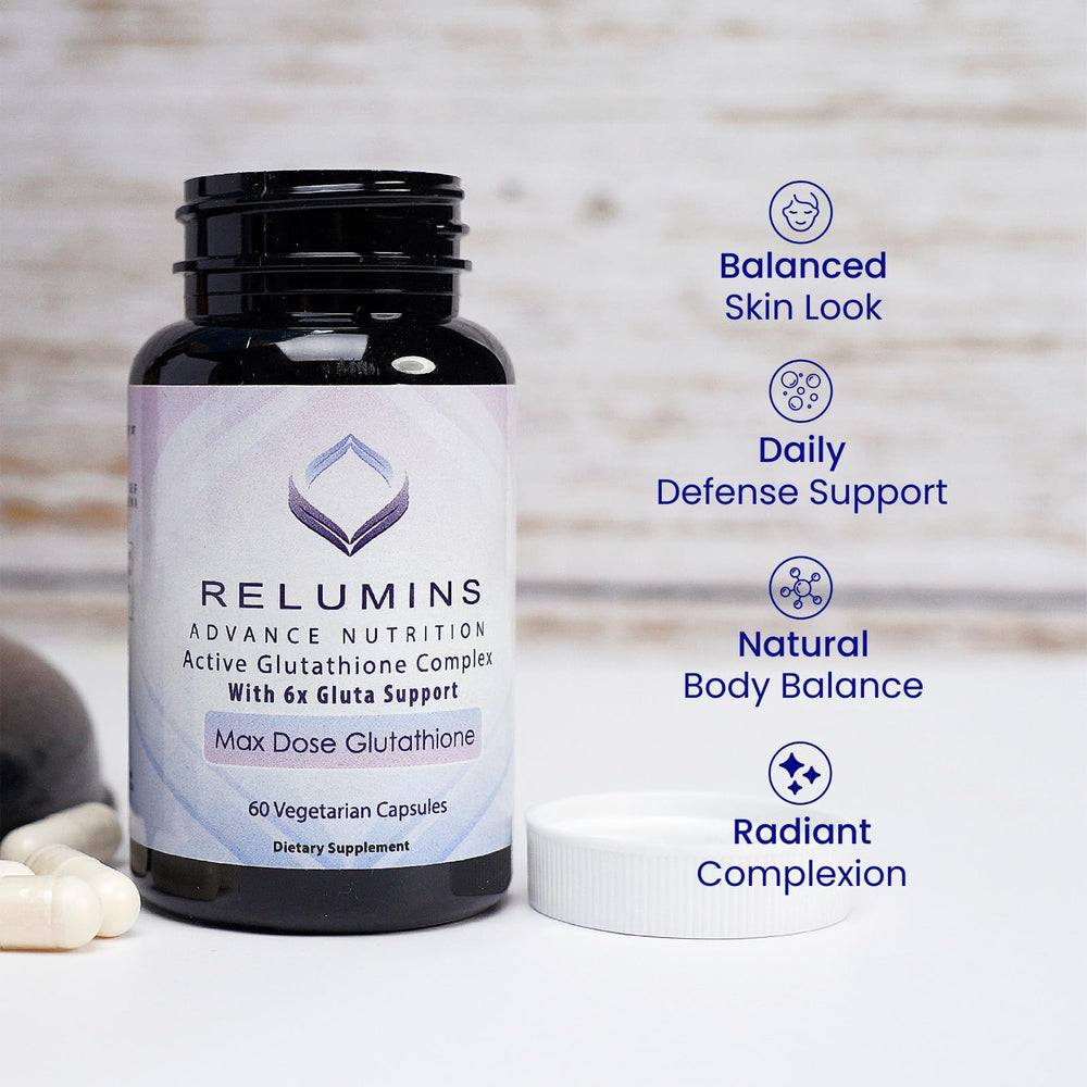 Relumins Advance White Glutathione Complex label with key dose and boosters