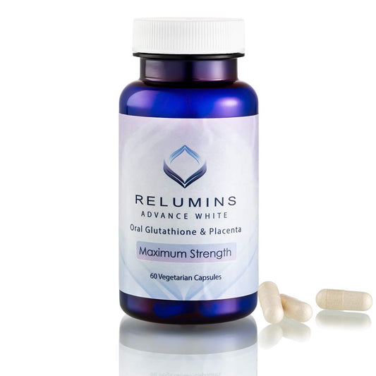 Relumins Advanced White Glutathione bottle highlights premium packaging and antioxidant ingredients.