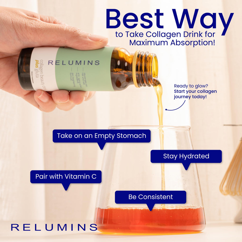 Relumins Collagen Drink apple health icons on packaging.