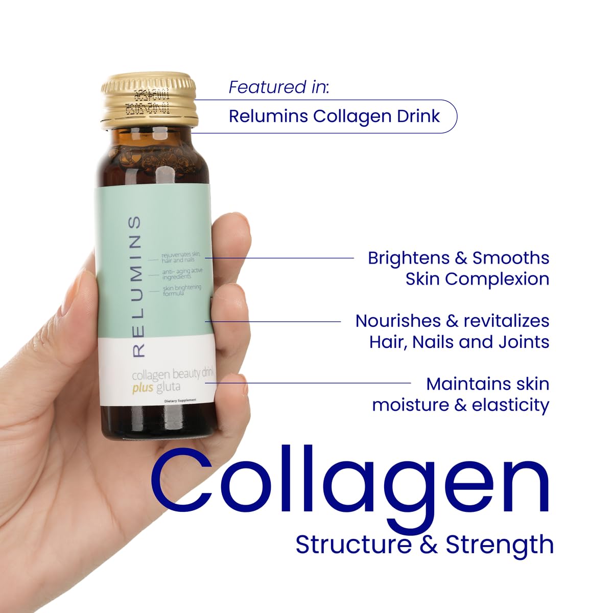 Relumins Collagen Drink apple in hand during morning routine.