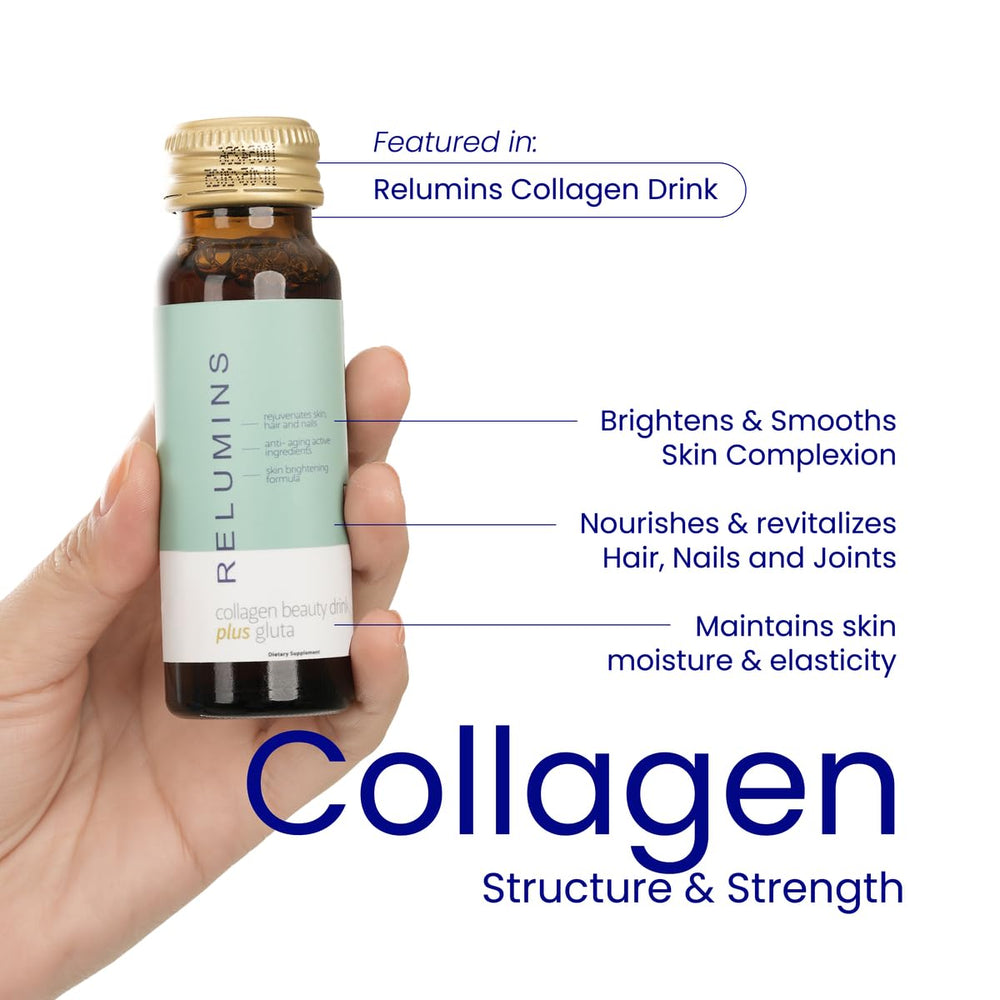 Relumins Collagen Drink apple in hand during morning routine.