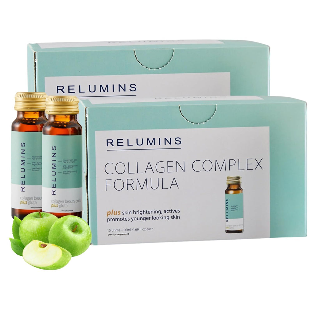 Relumins collagen drink apple bottle for daily beauty ritual.