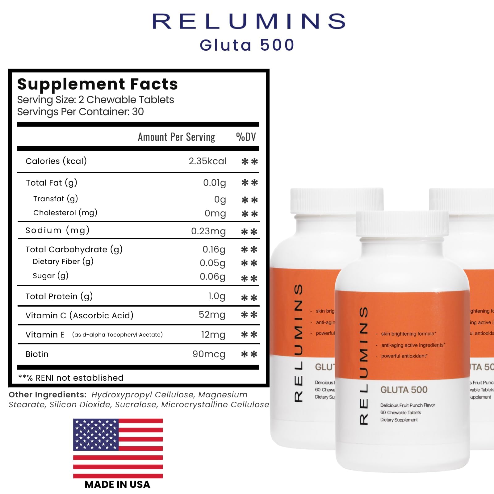 Relumins Gluta 500 ingredients label close-up highlights clean beauty formula.