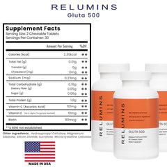 Relumins Gluta 500 ingredients label close-up highlights clean beauty formula.