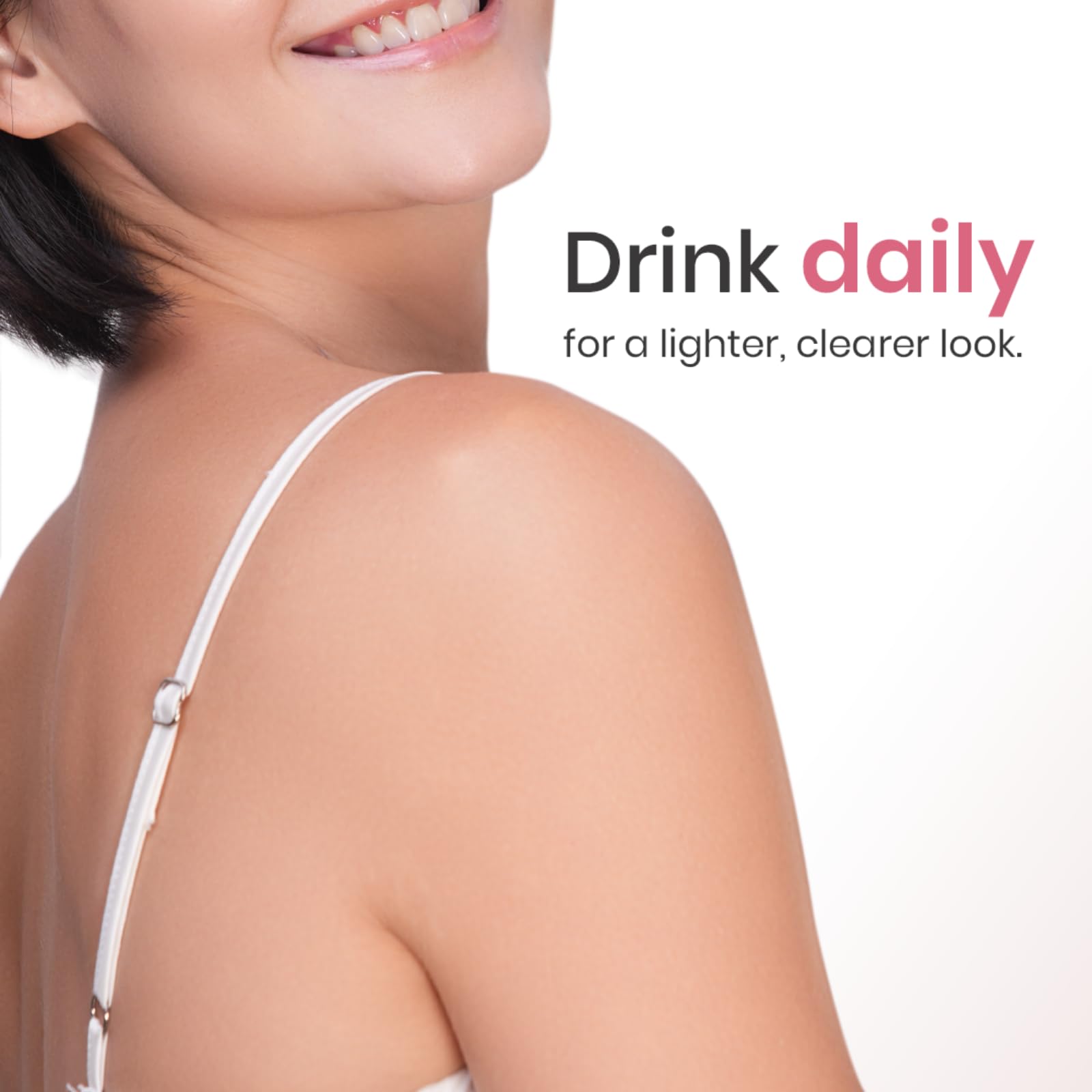 Relumins Gluta C Fizz glass with bubbles and radiant skin focus.