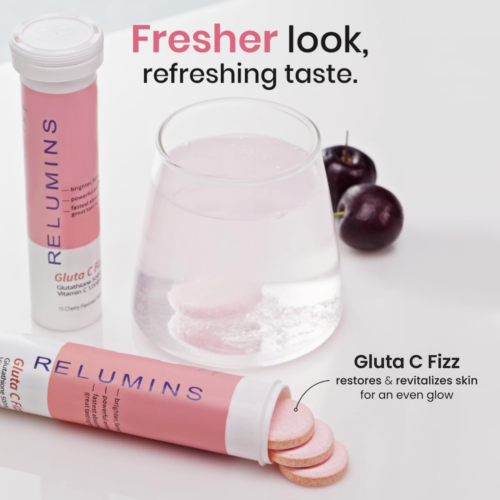 Relumins Gluta C Fizz vitamin C and glutathione ingredients close-up.