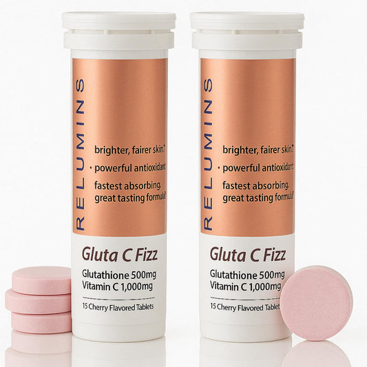 Relumins Gluta C Fizz jar label close-up highlighting high-dose formula.