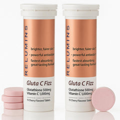 Relumins Gluta C Fizz jar label close-up highlighting high-dose formula.