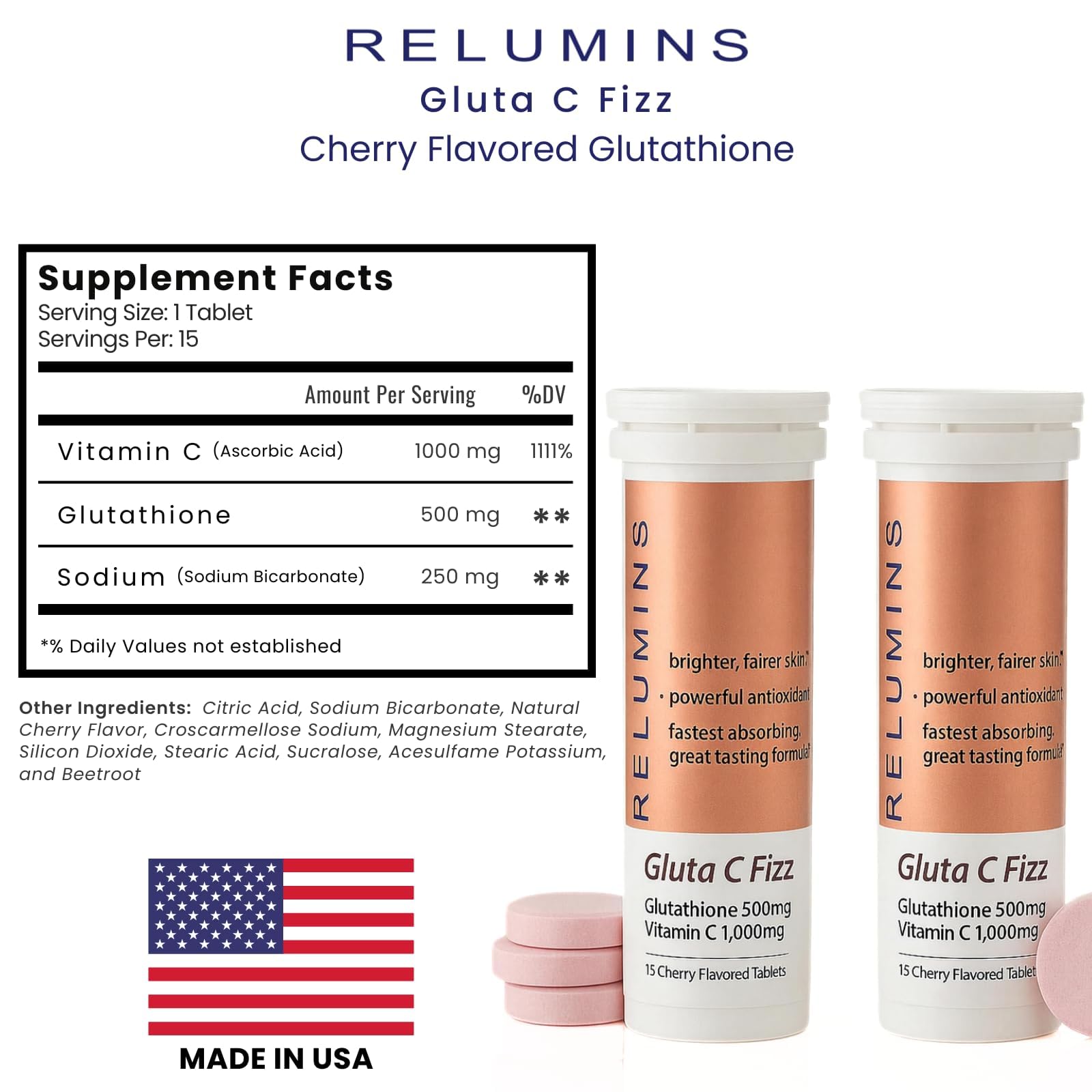 Relumins Gluta C Fizz cherry flavor label close-up.