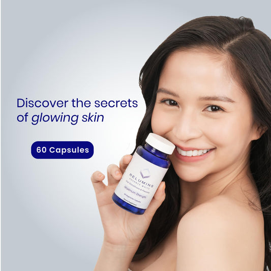 Relumins glutathione capsules pack front highlights 800 mg formula for brightening potential.