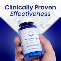 Relumins glutathione capsules closeup emphasizes easy daily use and quality ingredients.