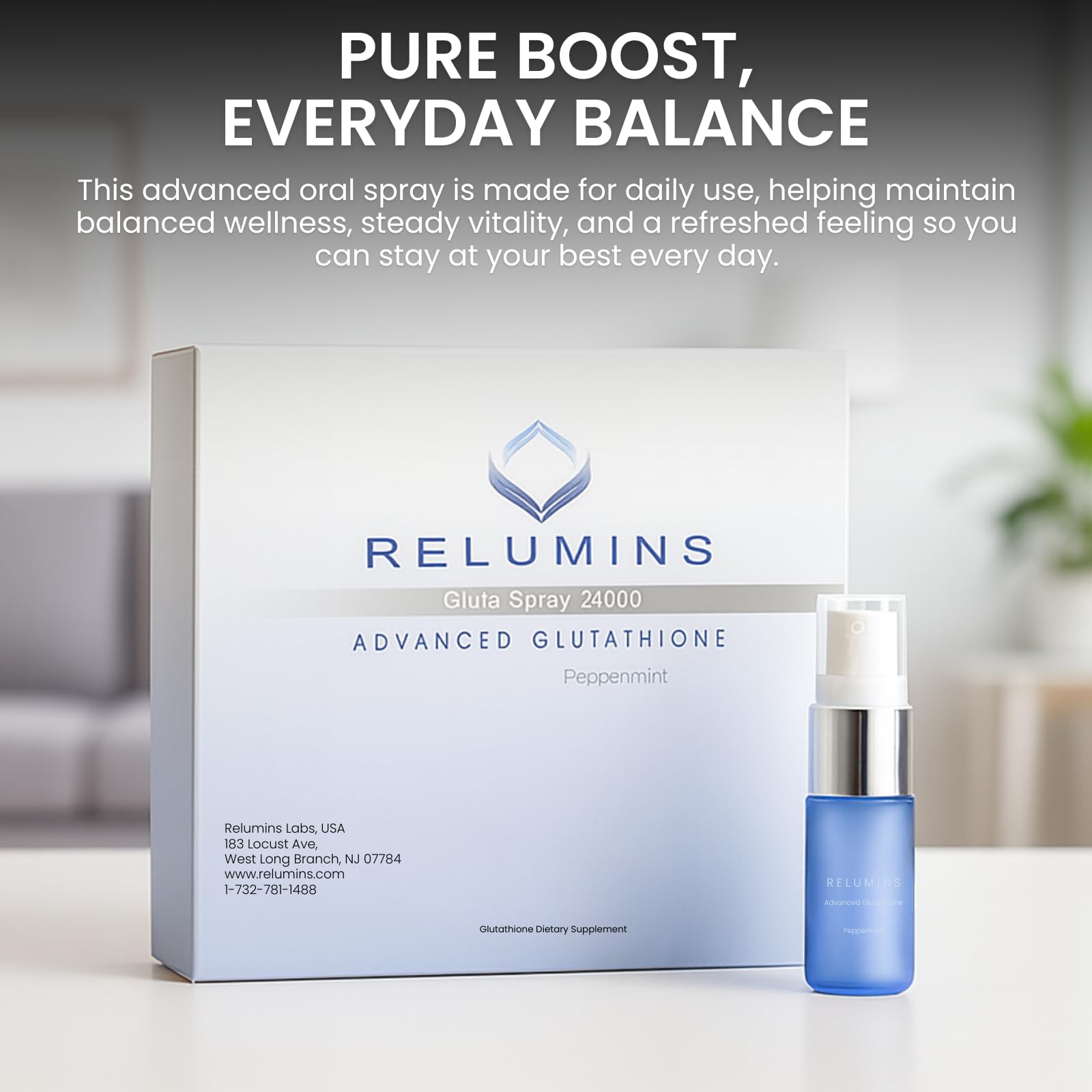 Relumins Glutathione spray vial highlighting single-dose use.
