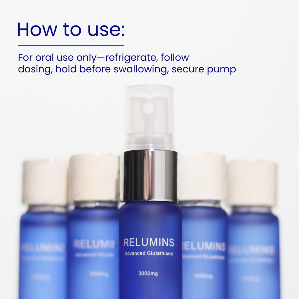 Relumins bottle cap close-up highlights gluten-free and allergen-free formulation.