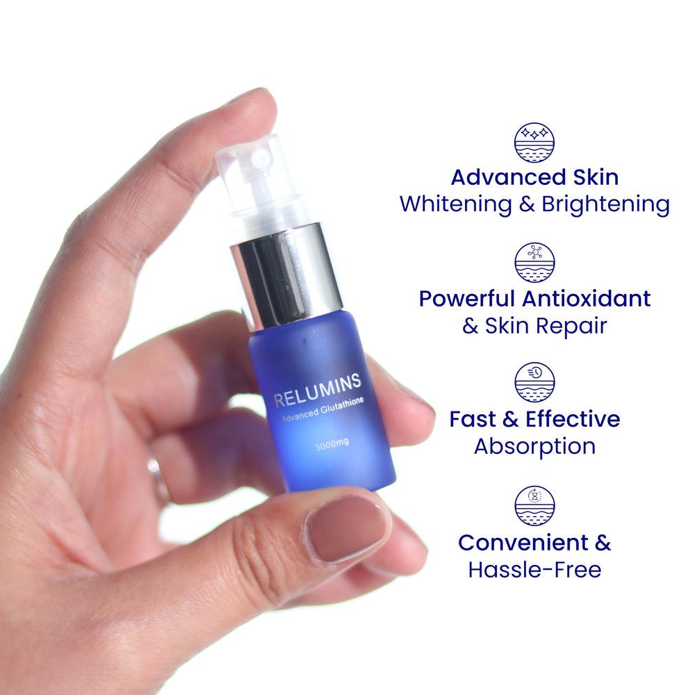 Relumins glutathione spray label highlights 6000 mg and zinc for immune support.