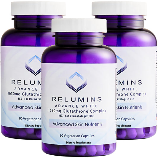 Relumins L-Glutathione Complex bottle front promoting radiant skin support.