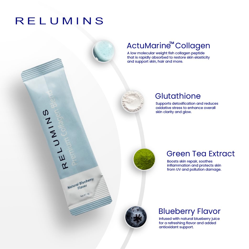 Relumins Marine Collagen blueberry drink in glass suggests a refreshing daily glow.