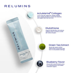 Relumins Marine Collagen blueberry drink in glass suggests a refreshing daily glow.
