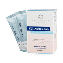 Relumins Marine Collagen blue packaging sachets for easy daily beauty support.