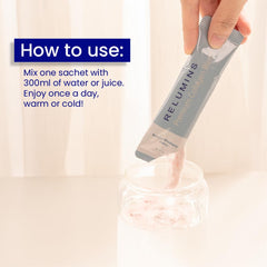 Relumins Marine Collagen ingredients icons indicate a comprehensive formula.