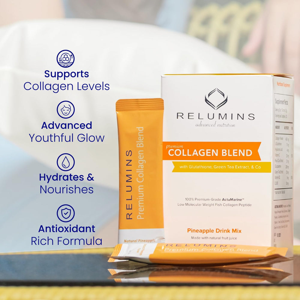 Relumins Marine Collagen pineapple drink in a glass ready to enjoy.