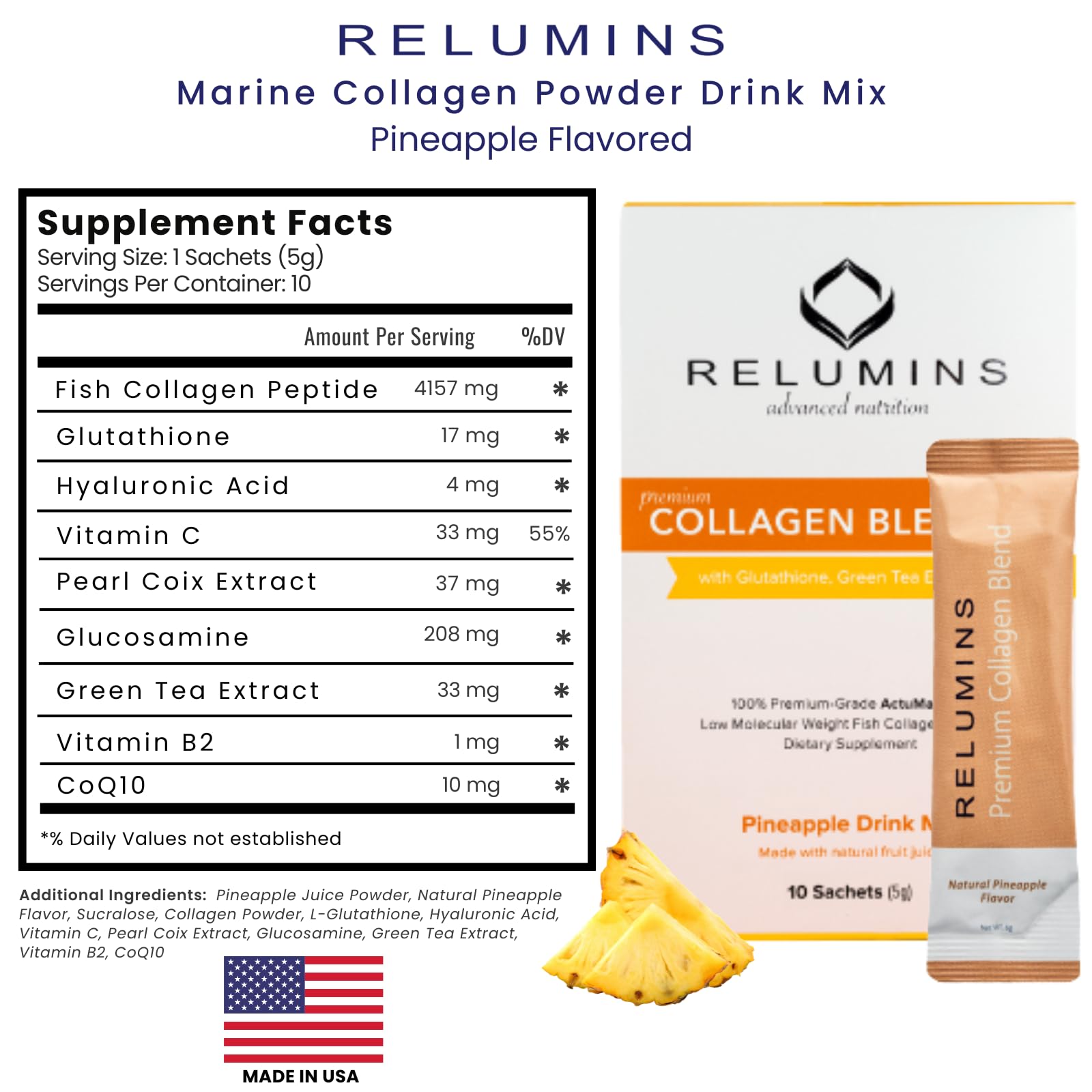 Relumins Marine Collagen Powder ingredients list, featuring glutathione and green tea
