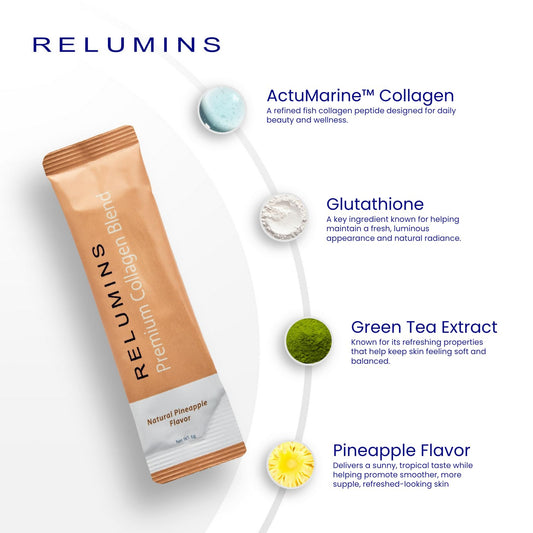 Relumins Marine Collagen scoop dissolving in water for easy daily mix.