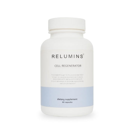 Relumins NAD+ bottle front with clean packaging supports daily energy