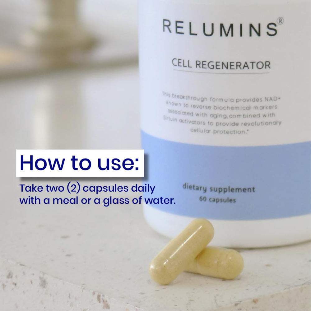 Relumins NAD+ bottle with glass evokes easy, convenient supplementation