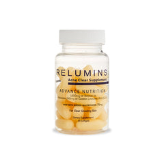 Relumins Natural Acne Softgel bottle front for daily skin support.