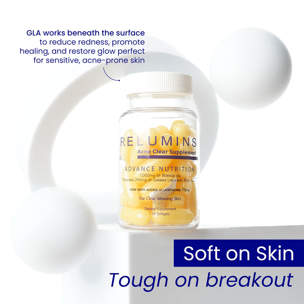 Relumins Softgel close-up shows 300 mg borage oil capsules.