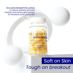 Relumins Softgel close-up shows 300 mg borage oil capsules.