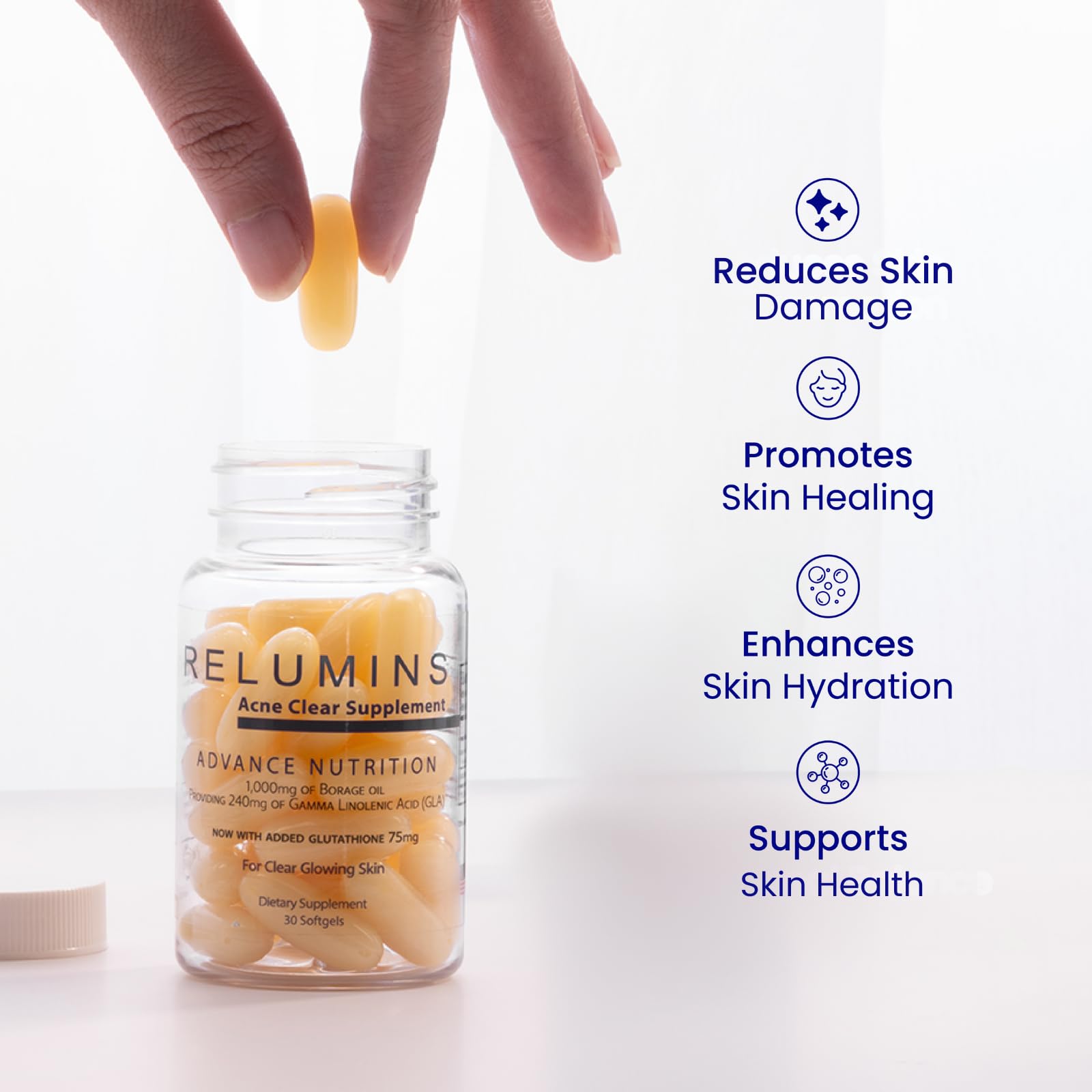 Relumins vegan and gluten-free symbols on packaging.