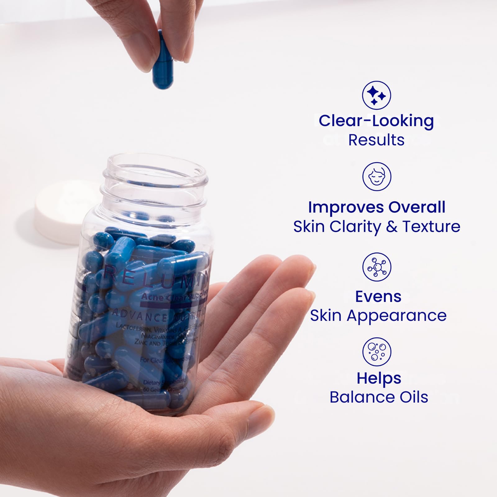 Relumins vitamin blend shows A, C, D, E, B5, B6 for skin repair