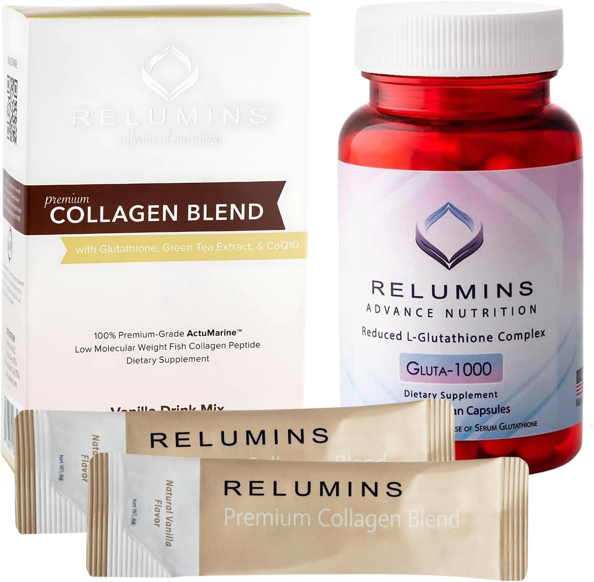 Relumins Premium Collagen Vanilla sachet ready to mix for daily skin support.