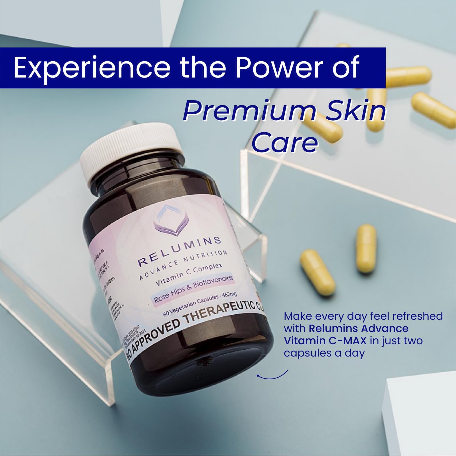 Relumins Rose Hips Lutein Zeaxanthin blend with antioxidant support.
