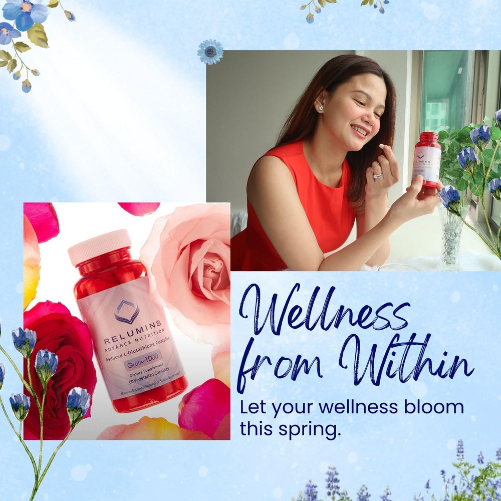 Relumins Spring Glow capsules closeup for convenient daily beauty supplementation.