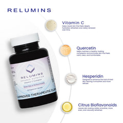 Relumins Spring Glow bottle beside a glass of water for routine use.