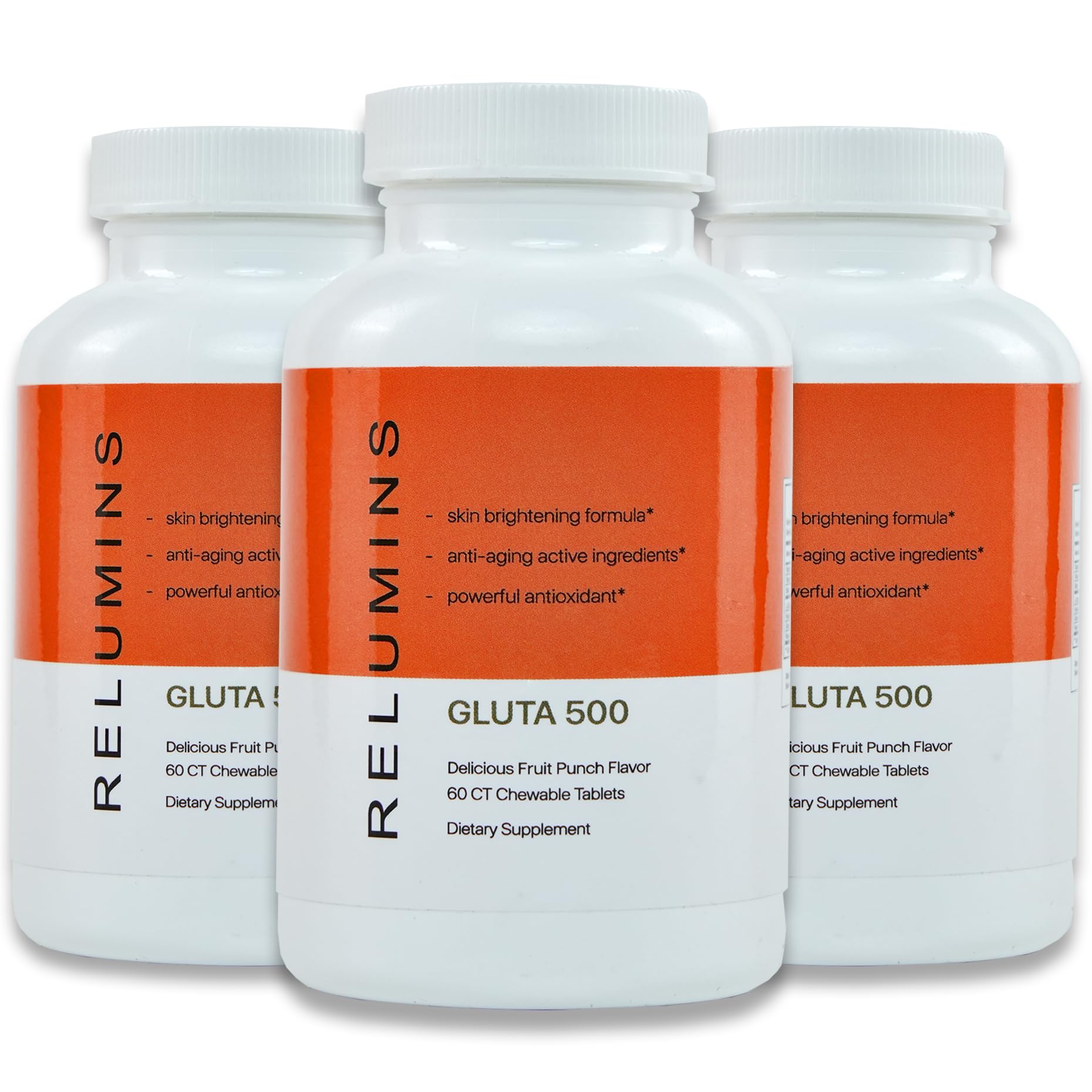 Relumins Spring Glow Gluta 500 package shows fruit punch chews for daily skin support.